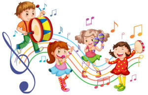 Children playing different instrument in band illustration